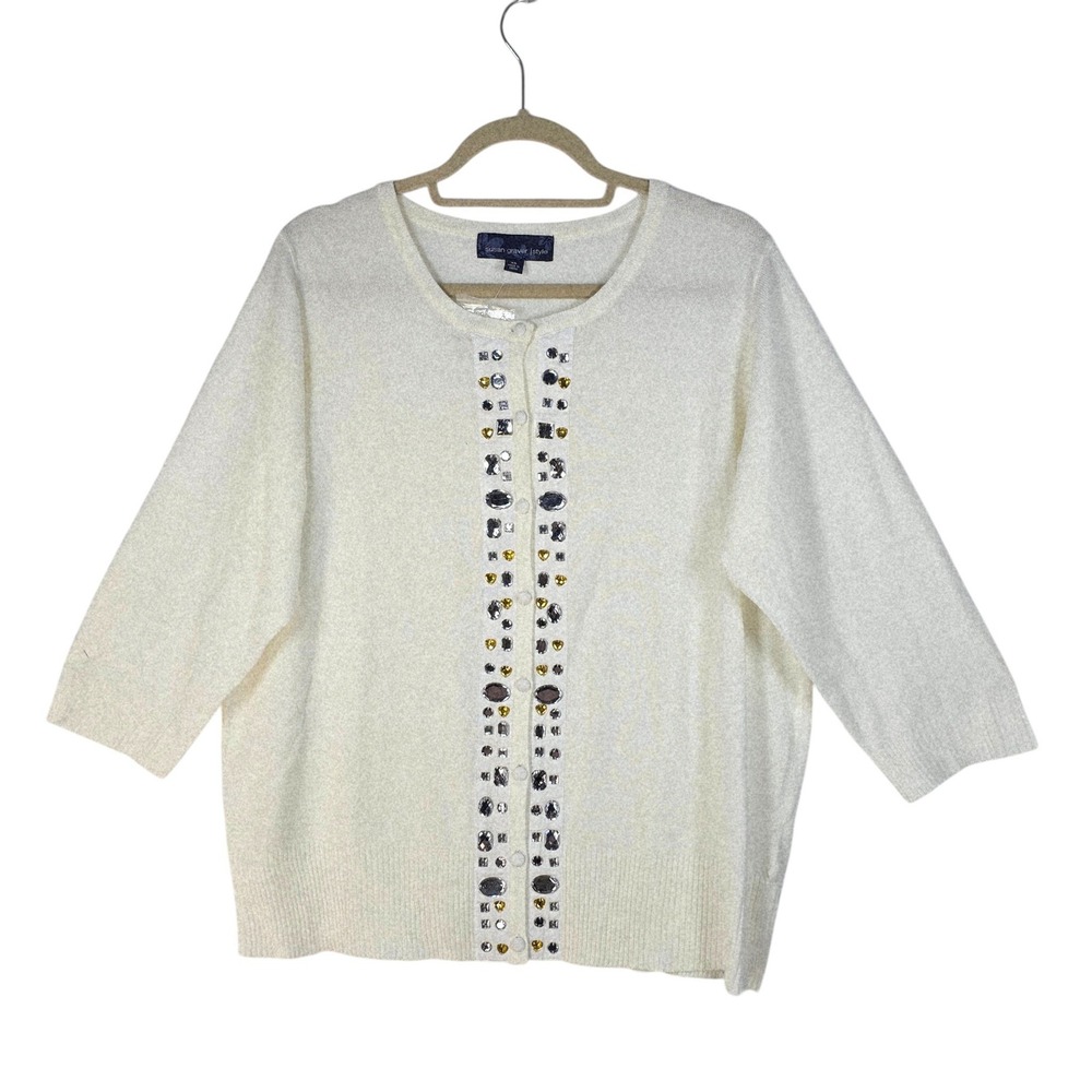 Susan Graver Style Ivory Jeweled Button Front Cardigan Sweater XL 3/4 Sleeve NEW